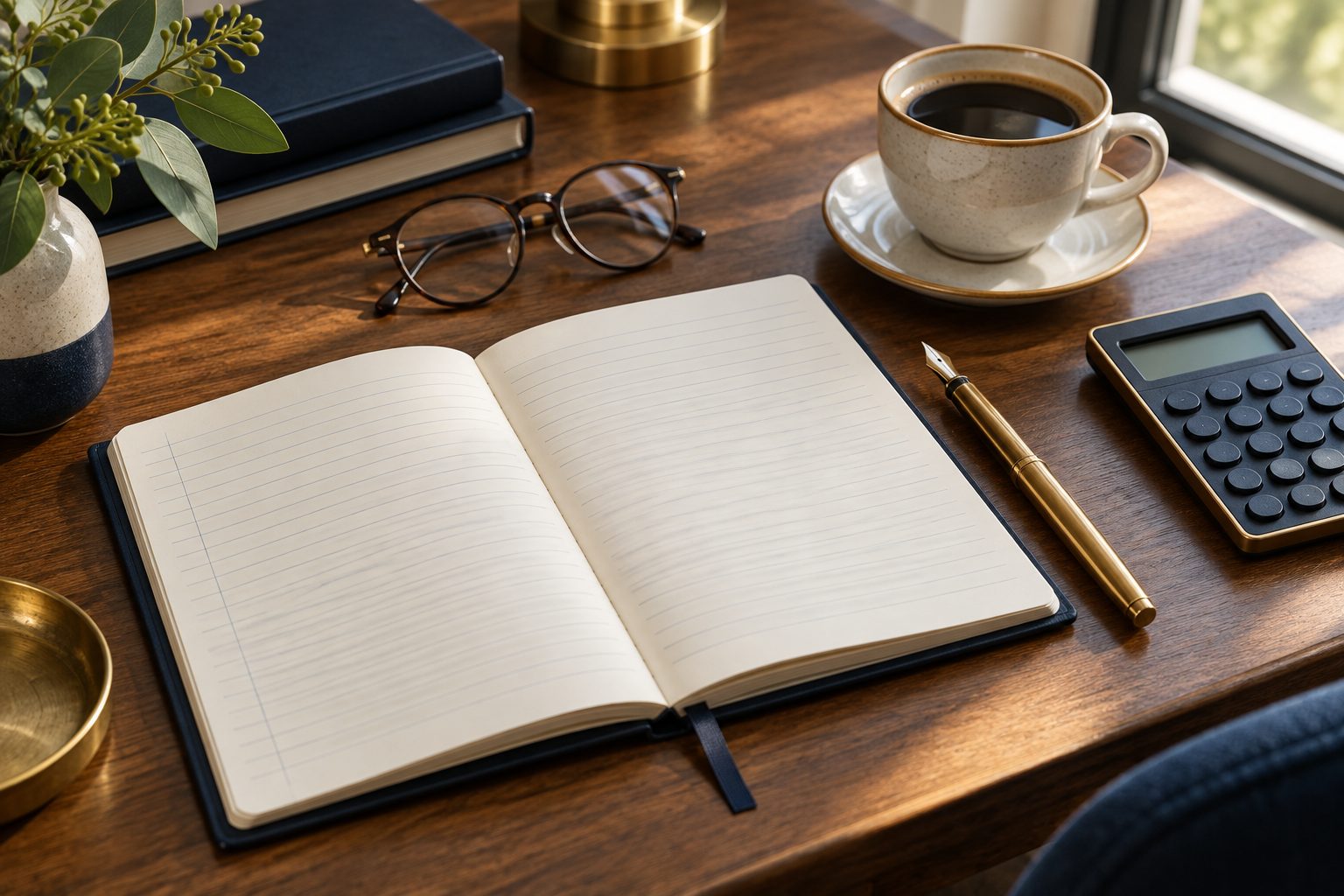 An open notebook, fountain pen, calculator, reading glasses and a cup of coffee on a wooden desk in morning light