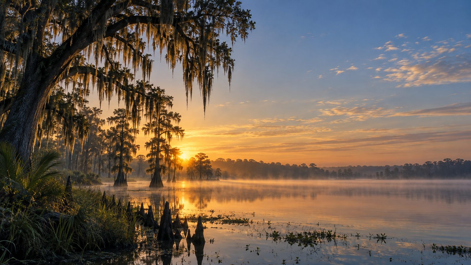 Sunrise over a misty Lowcountry lake with cypress trees and a live oak draped in Spanish moss